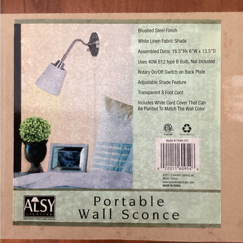 NEW Wall sconce portable reading lamp brushed steel linen shade NEW IN BOX